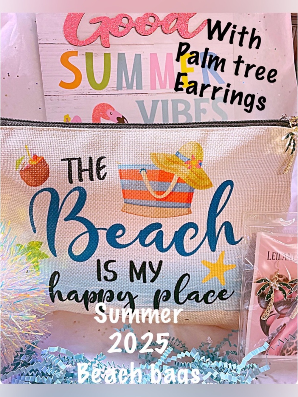 Beach survival bags/ makeup bag / cosmetic bag/ Beach bag / palm tree earrings/